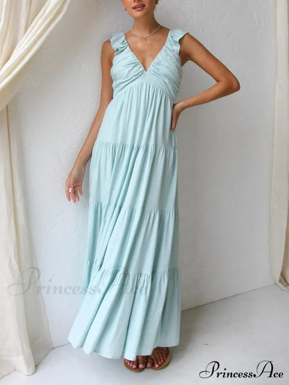 Ruffled Flying Sleeves Smocked Graceful Back Tiered Vacation Maxi Dress Sky Blue / S Dresses