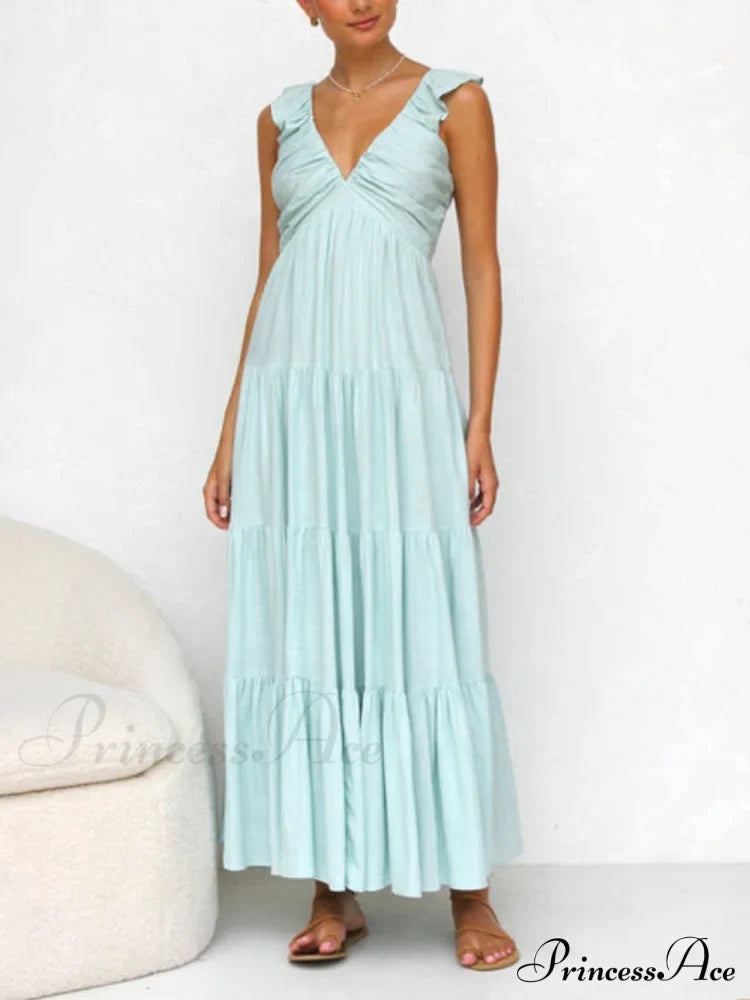 Ruffled Flying Sleeves Smocked Graceful Back Tiered Vacation Maxi Dress Dresses