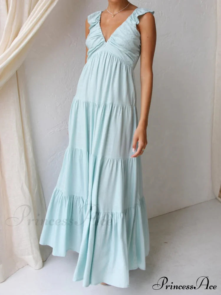 Ruffled Flying Sleeves Smocked Graceful Back Tiered Vacation Maxi Dress Dresses