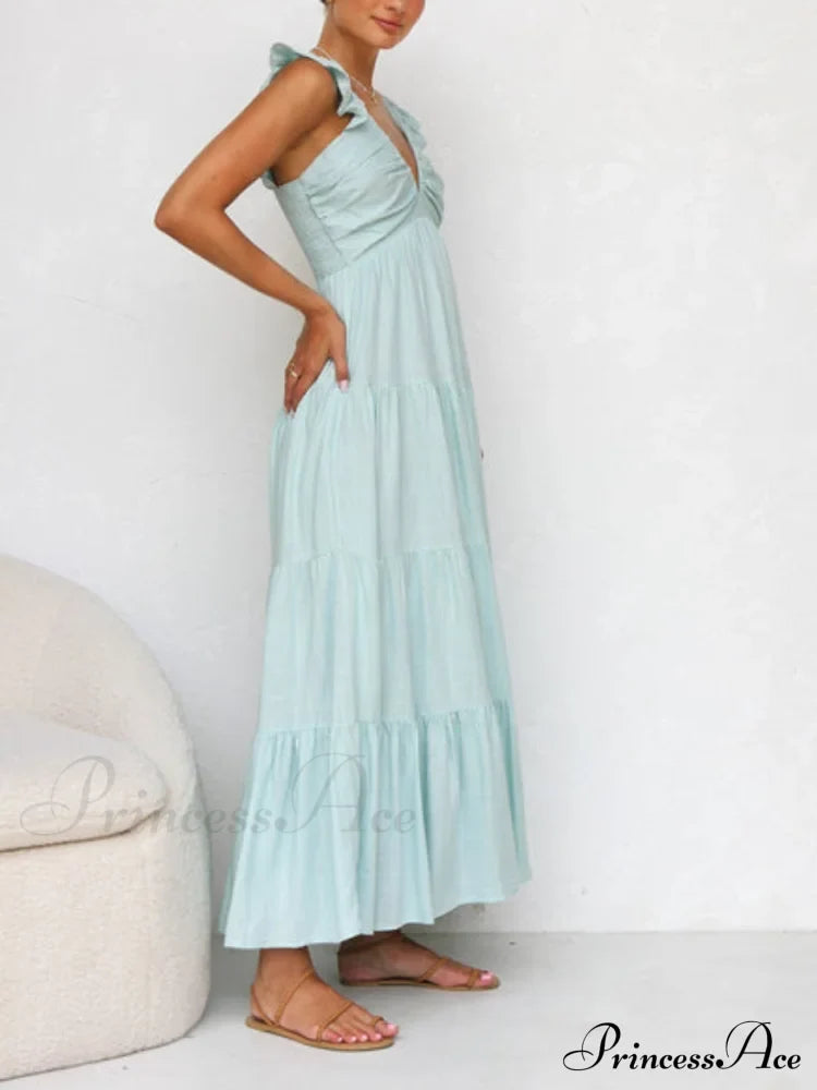 Ruffled Flying Sleeves Smocked Graceful Back Tiered Vacation Maxi Dress Dresses