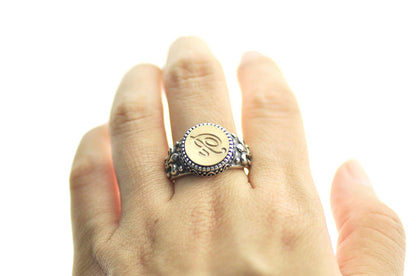 Script Initial Signet Ring - Backtozero B20 - 12f, 12mm, 12mm ring, 1initial, accessory, Custom, custom ring, Fleur de Lis, him, Initial, jewelry, One Initial, Personalized, ring, signet ring, size 10, size 11, size 8, size 9, wax seal, wax seal ring, wax seal stamp