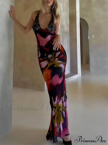 Sexy Deep V Lace Graceful Patchwork Printed Auspender Maxi Dress Multicolor / S Dresses