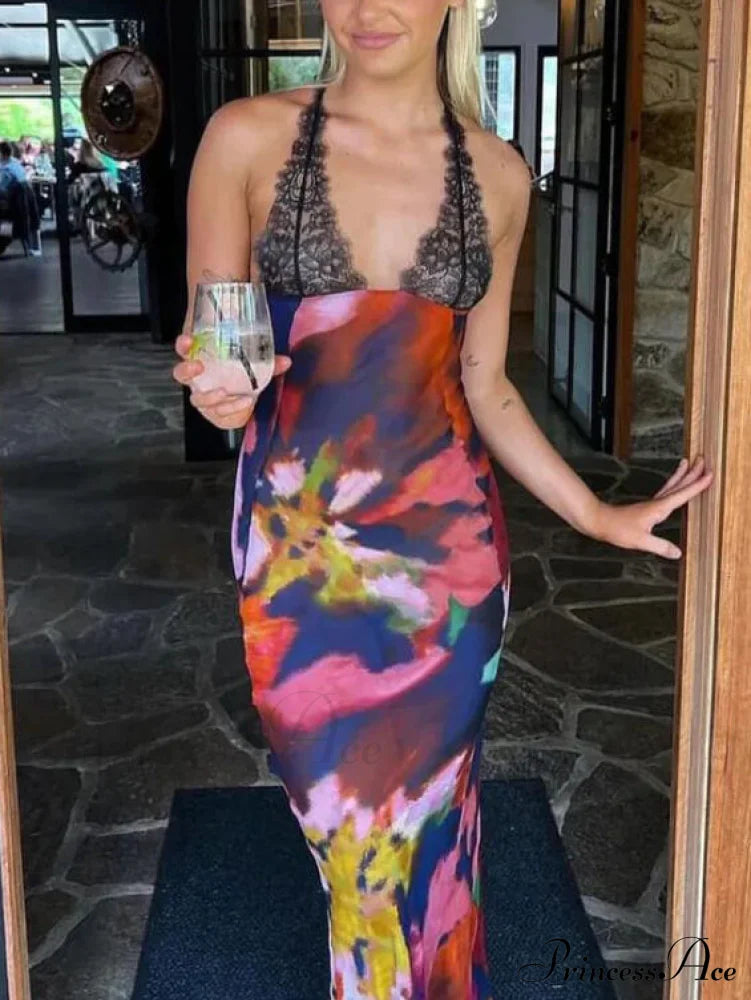 Sexy Deep V Lace Graceful Patchwork Printed Auspender Maxi Dress Dresses