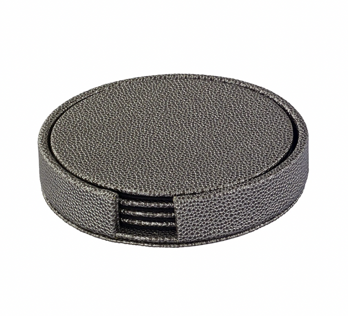 The Bodrum Skate Coaster Set of 4 includes round, textured dark gray phthalate-free vinyl coasters with a holder featuring a front opening that reveals the matching set inside.