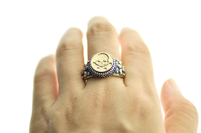 Skull Bone Signet Ring - Backtozero B20 - 12f, 12mm, 12mm ring, accessory, Bone, Fleur de Lis, him, jewelry, ring, signet ring, size 10, size 11, size 8, size 9, Skull, wax seal, wax seal ring, wax seal stamp