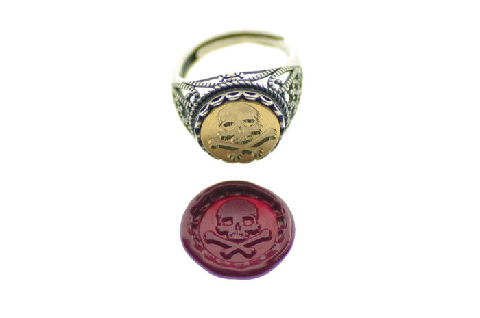 Skull Bone Signet Ring - Backtozero B20 - 12l, 12mm, 12mm ring, Bone, her, lace, Pirate, ring, signet ring, size 10, size 7, size 8, size 9, Skull, wax seal, wax seal ring, wax seal stamp