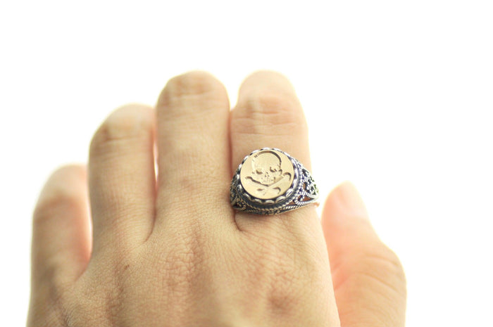 Skull Bone Signet Ring - Backtozero B20 - 12l, 12mm, 12mm ring, Bone, her, lace, Pirate, ring, signet ring, size 10, size 7, size 8, size 9, Skull, wax seal, wax seal ring, wax seal stamp