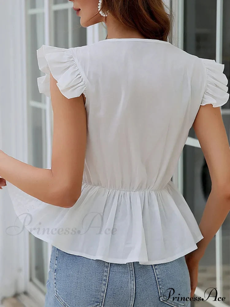 Sleeves Blouse And Notched With Eyelet Flutter Neck