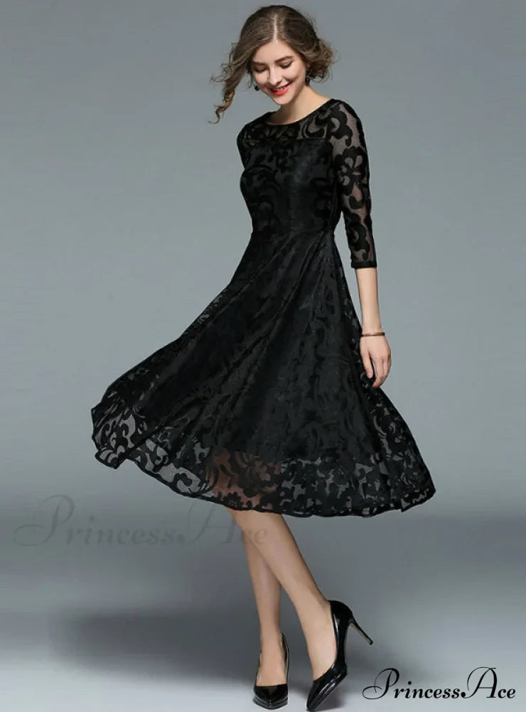 Slim Ladies Party Dress Casual Lace Dresses S / Black