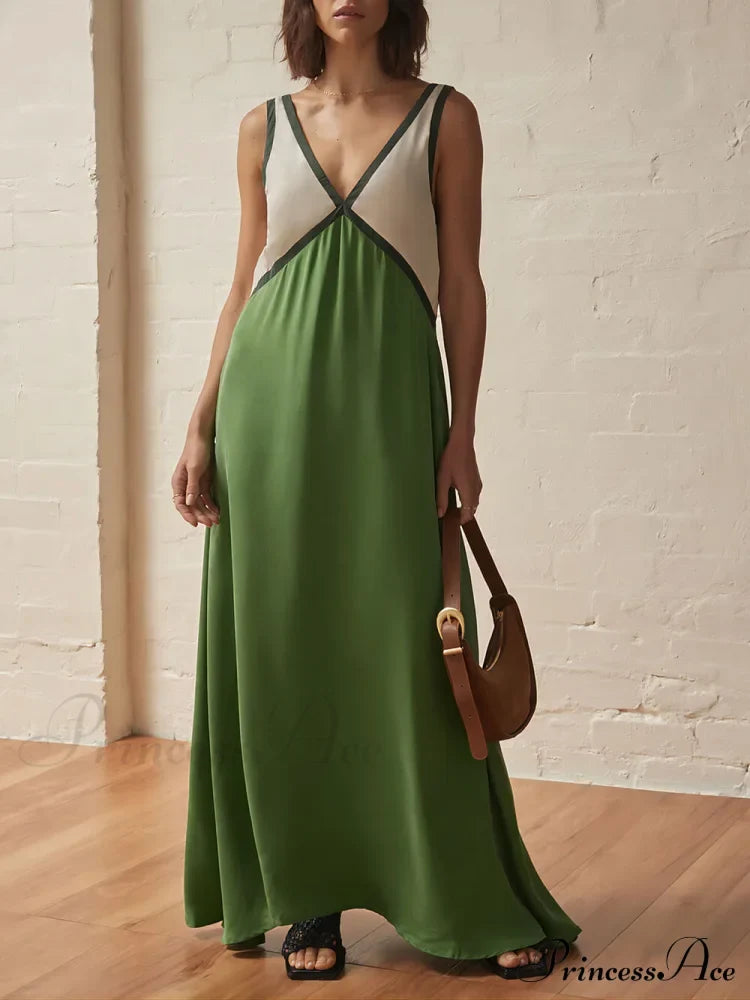 Splicing Chic V-Neck Charming Contrasting Color Dress Green / S Dresses