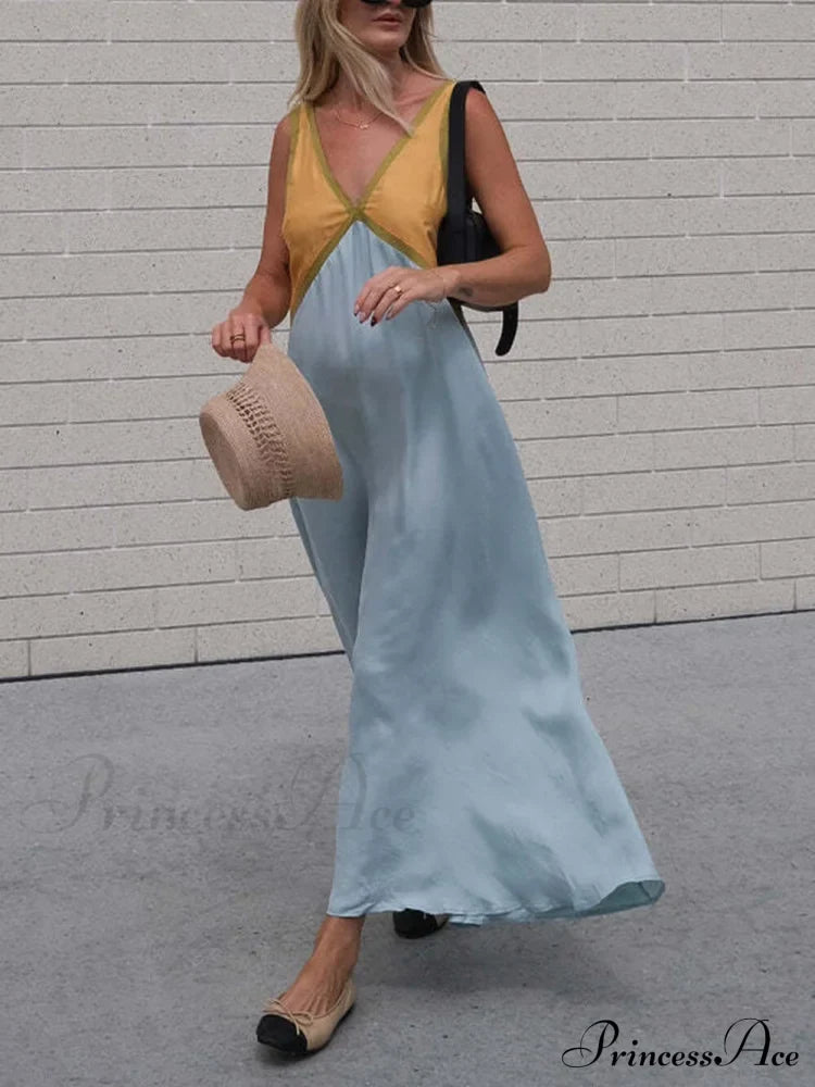 Splicing Chic V-Neck Charming Contrasting Color Dress Dresses