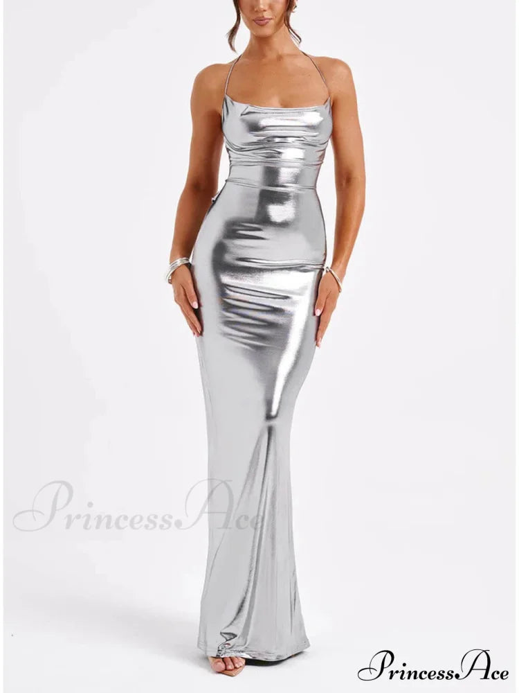 Spring Swing Collar Glossy Graceful Metallic Backless Maxi Dress Silver / S Dresses