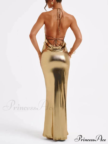 Spring Swing Collar Glossy Graceful Metallic Backless Maxi Dress Dresses