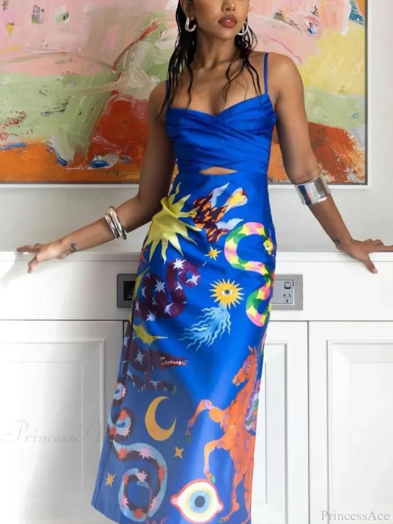 Summer Sexy Satin Backless Graceful Printed Sleeveless Midi Dress Blue / M Dresses