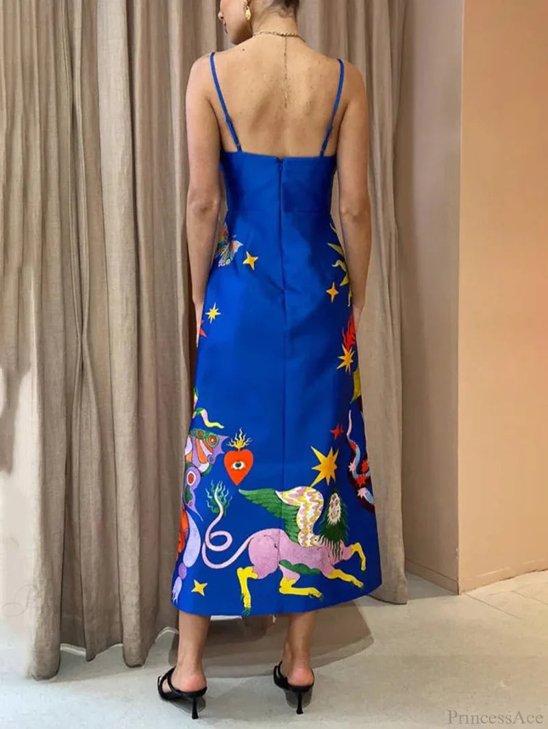 Summer Sexy Satin Backless Graceful Printed Sleeveless Midi Dress Blue / Xl Dresses