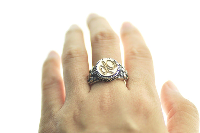 Suzanne Cunningham Calligraphy Initial Signet Ring - Backtozero B20 - 12f, 12mm, 12mm ring, 1initial, accessory, Calligraphy, Custom, custom ring, Fleur de Lis, him, Initial, jewelry, One Initial, Personalized, ring, signet ring, size 10, size 11, size 8, size 9, Suzanne Cunningham, wax seal, wax seal ring, wax seal stamp