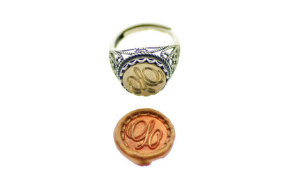 Suzanne Cunningham Calligraphy Initial Signet Ring - Backtozero B20 - 12l, 12mm, 12mm ring, 1initial, Calligraphy, Custom, custom ring, her, Initial, lace, One Initial, Personalized, ring, signet ring, size 10, size 7, size 8, size 9, Suzanne Cunningham, wax seal, wax seal ring