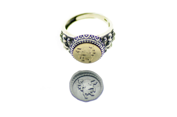 Unicorn Signet Ring - Backtozero B20 - 12f, 12mm, 12mm ring, accessory, Fleur de Lis, him, jewelry, Mythical Creatures, ring, signet ring, size 10, size 11, size 8, size 9, unicorn, wax seal, wax seal ring, wax seal stamp