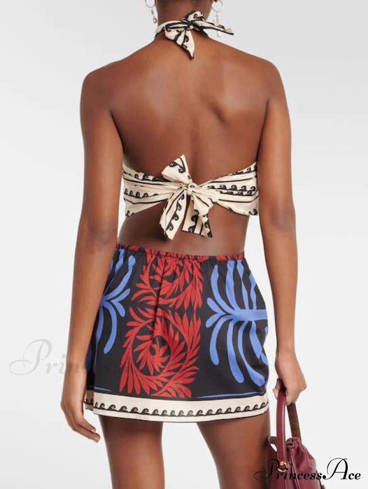 Unique Summer Print Charming Halter Neck Mini Dress Dresses