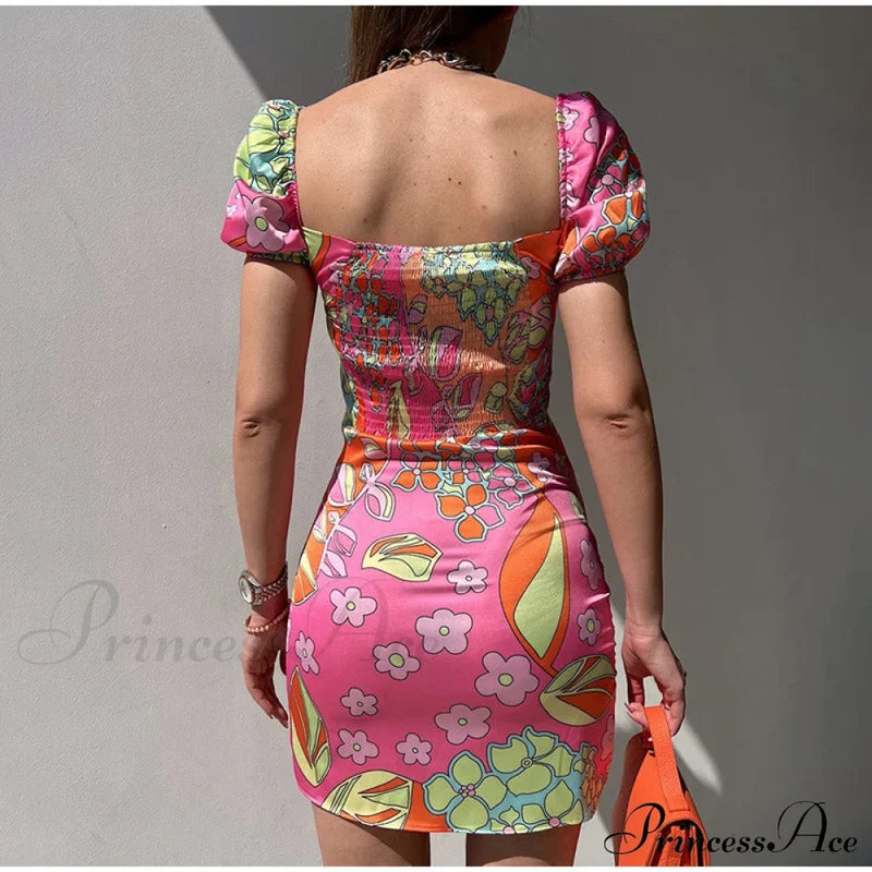V-Neck Lace Up Lantern Sleeve Ruffles Dress S / Orange Dresses