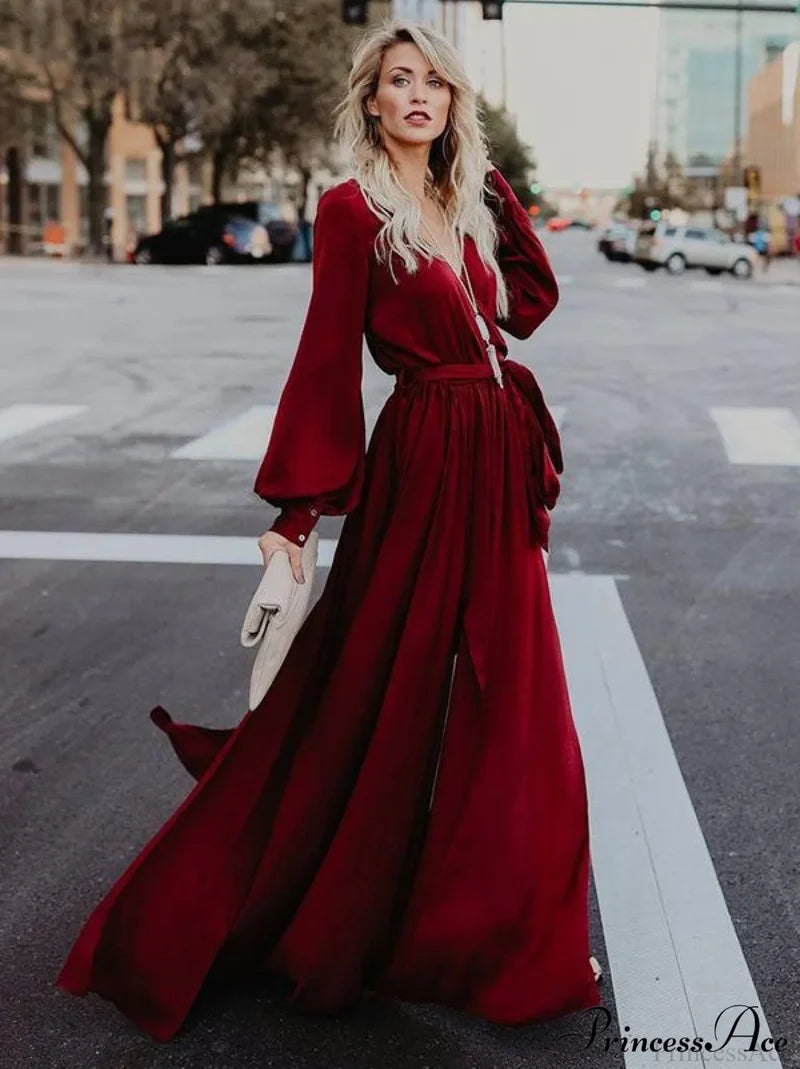 V-Neck Long Sleeves Belted Maxi Dress M / Burgundy Dresses