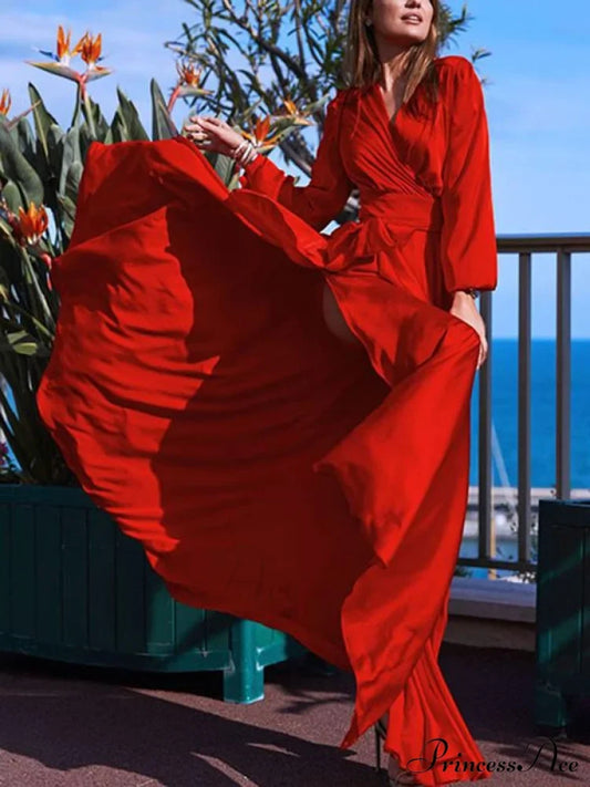 V-Neck Long Sleeves Solid Color Belted Maxi Evening Dress S / Red Dresses