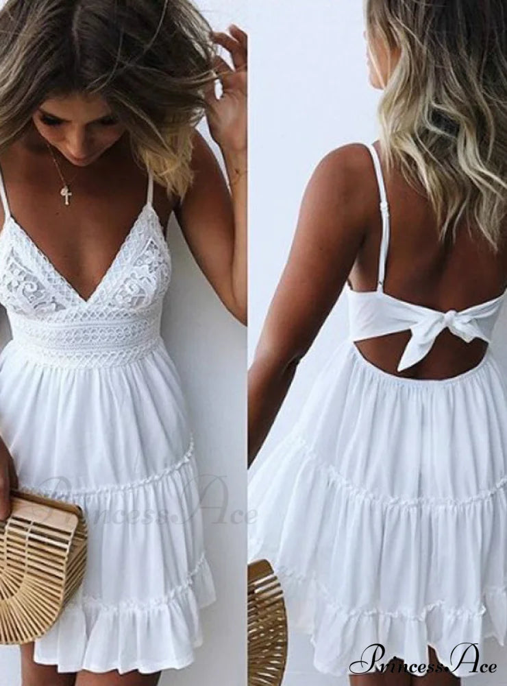 V-Neck Sleeveless Lace Patchwork Beach Dress For Women M / White Dresses