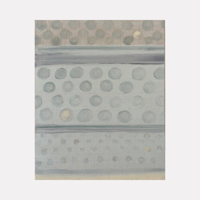 The artwork 'Vault Lights (Time Lapse-2)' features a minimalist composition of repeating circular patterns in soft gray and pale blue tones, arranged in horizontal bands across stretched linen. The translucent circles create a rhythmic, grid-like structure reminiscent of vault lights in urban architecture. Oil painting by Cora Jane Glasser.