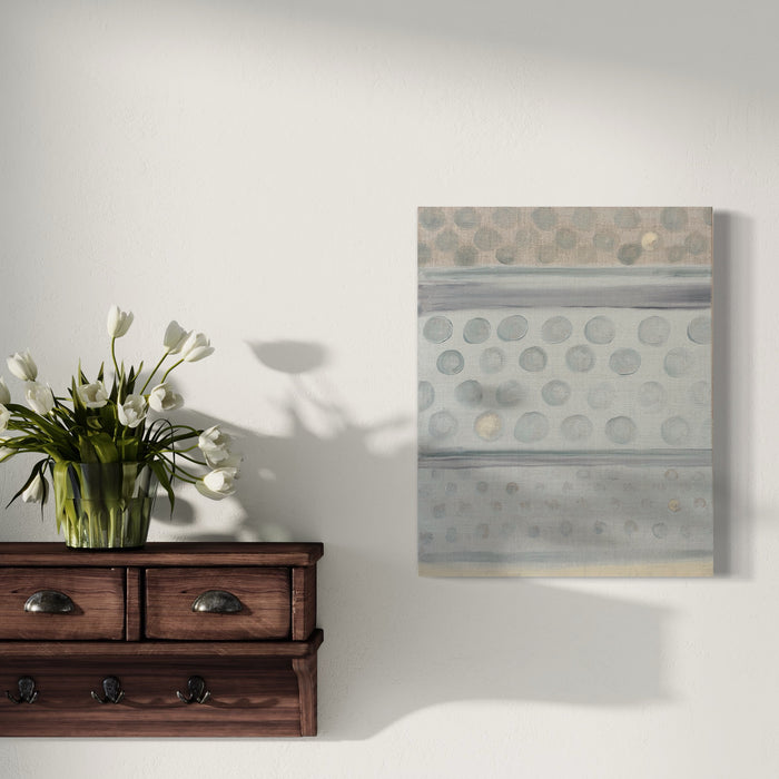 The artwork 'Vault Lights (Time Lapse-2)' by Cora Jane Glasser features a minimalist composition of repeating circular patterns in soft gray and muted sage tones. The oil painting on linen canvas presents horizontal bands with precise geometric dots, creating a tranquil rhythm across the surface, suggesting architectural elements in an abstract modern style.