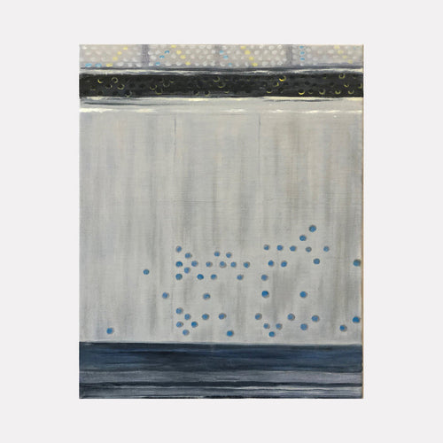 The artwork 'Vault Lights (Time Lapse-5)' by Cora Jane Glasser features an abstract composition with horizontal bands in gray and black tones, punctuated by scattered blue dots against a pale gray central field. Oil on stretched linen captures textural brushwork and atmospheric depth. Framed painting measures 20x16 inches. By Cora Jane Glasser.