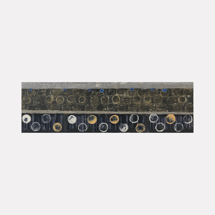 The artwork 'Vault Lights (Treads&Risers-6)' by Cora Jane Glasser features abstract circular patterns in metallic gold, silver, and blue hues arranged in horizontal bands against a dark charcoal background. The encaustic and oil painting on birch panel creates a textured, industrial-inspired composition reminiscent of urban architectural elements.