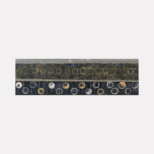 The artwork 'Vault Lights (Treads&Risers-6)' by Cora Jane Glasser features abstract circular patterns in metallic gold, silver, and blue hues arranged in horizontal bands against a dark charcoal background. The encaustic and oil painting on birch panel creates a textured, industrial-inspired composition reminiscent of urban architectural elements.