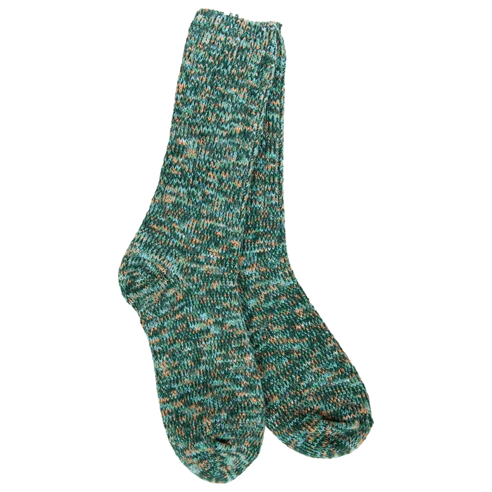 Women's Weekend Ragg Crew Socks in Woodland featuring an ultra-soft marled knit in green and tan tones with a cozy crew-length fit.